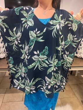 Beach Navy Tropical Leaf Poncho Cover-Up